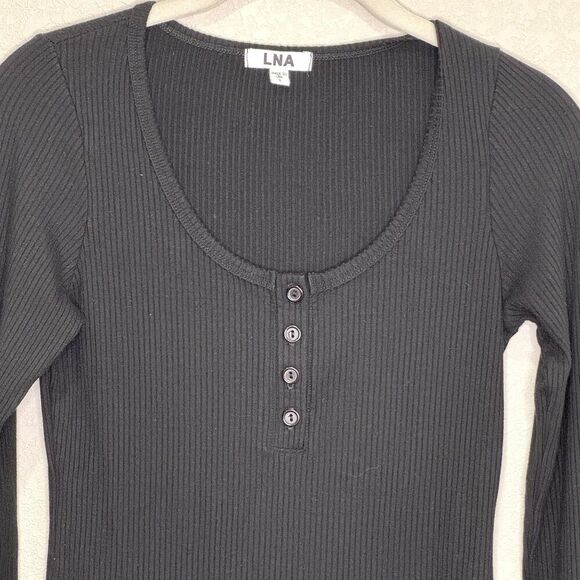 LNA Shirt Womens Small Black Ribbed Long Sleeve Henley Scoop Neck Modal Made USA - Picture 4 of 6